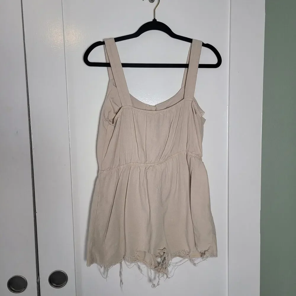 Mine‎ Size L Carlen Romper Raw Hem Beige Sleeveless Shorts Buttons Causal